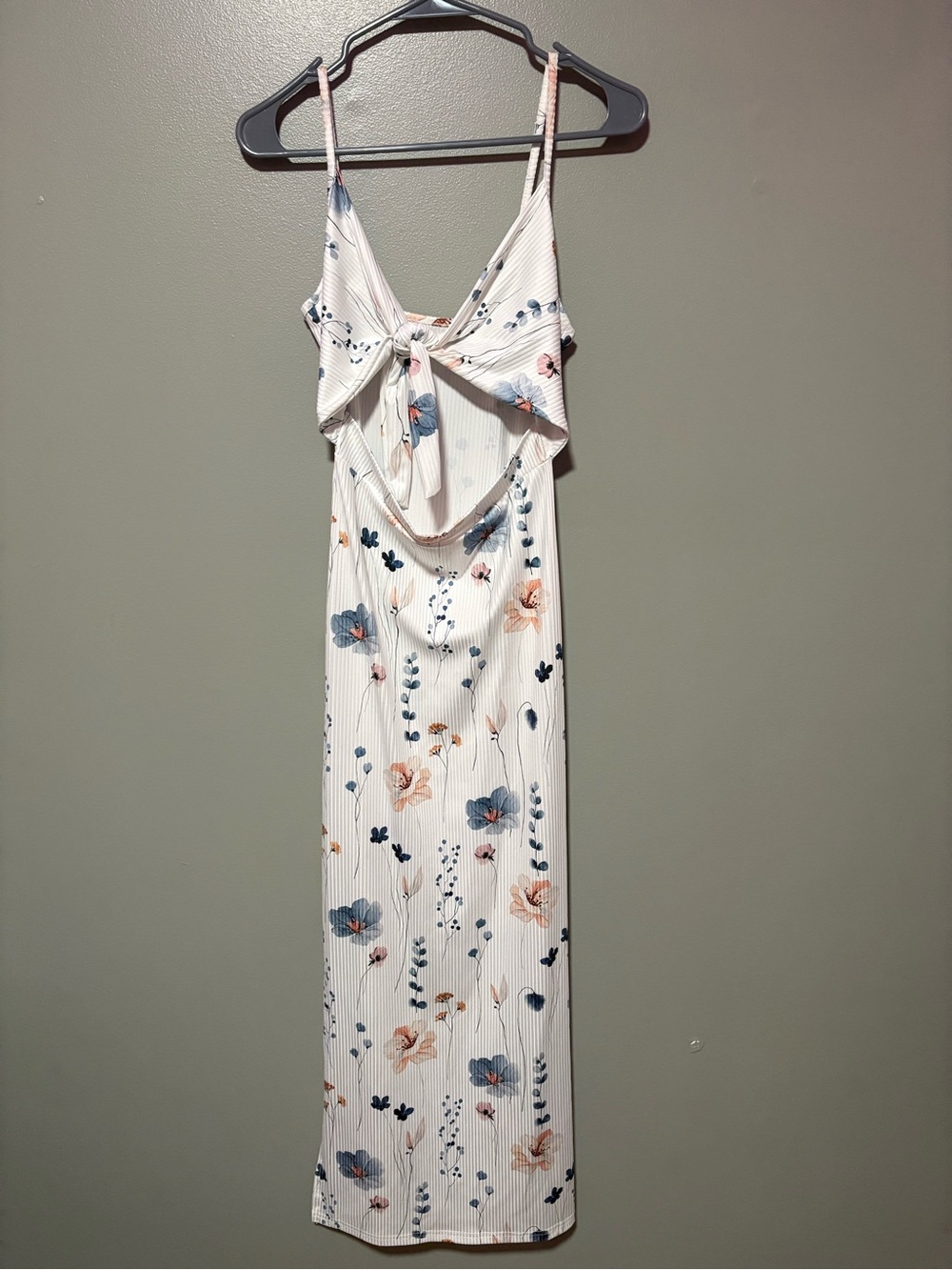 Floral Ribbed Tie Front Maxi Dress Size Medium Open Back Bodycon Slip Dress